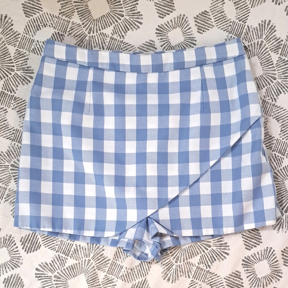 English Factory High Waist Overlay Skort  Blue and White Gingham Checkered  M